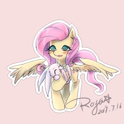 Size: 1000x1000 | Tagged: safe, artist:roya, angel bunny, fluttershy, pegasus, pony, g4, blushing, cute, female, mare, pink background, pixiv, shyabetes, simple background, solo