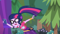 Size: 1908x1080 | Tagged: safe, screencap, sci-twi, twilight sparkle, equestria girls, g4, my little pony equestria girls: choose your own ending, the road less scheduled, cellphone, faic, falling, female, geode of telekinesis, glasses, magical geodes, oops, open mouth, outdoors, phone, ponytail, shrunken pupils, smartphone, solo, tripping