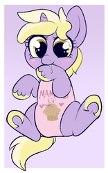 Size: 405x650 | Tagged: safe, artist:lulubell, dinky hooves, pony, unicorn, g4, baby, baby dinky hooves, baby pony, blushing, cute, dinkabetes, drool, female, filly, foal, onesie, solo, teething, underhoof, weapons-grade cute, younger