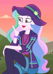Size: 770x1076 | Tagged: safe, screencap, princess celestia, principal celestia, equestria girls, g4, my little pony equestria girls: choose your own ending, the road less scheduled, the road less scheduled: celestia, beautiful, cropped, female, flannel, hat, outdoors, solo focus