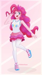 Size: 2286x4096 | Tagged: safe, artist:katakiuchi4u, pinkie pie, equestria girls, g4, armpits, blushing, clothes, cute, diapinkes, female, happy, high res, miniskirt, moe, one eye closed, pantyhose, peace sign, pose, sandals, shirt, simple background, skirt, sleeveless, sleeveless shirt, smiling, solo, tank top, wink