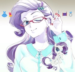 Size: 1773x1706 | Tagged: safe, artist:5mmumm5, rarity, human, pony, unicorn, equestria girls, g4, anime, ear piercing, earring, female, glasses, gradient background, jewelry, mare, nail polish, one eye closed, piercing, rarity's glasses, ring, scissors, solo, spool, wink