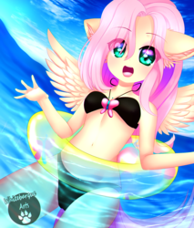 Size: 1889x2222 | Tagged: safe, artist:whitebarque, fluttershy, anthro, g4, adorasexy, beach, belly button, bikini, black bikini, black swimsuit, breasts, clothes, cute, female, hot, looking at you, pool toy, sexy, shyabetes, solo, swimsuit, water