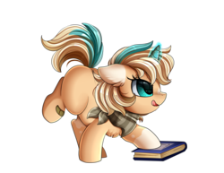 Size: 2430x1876 | Tagged: safe, artist:pridark, oc, oc only, oc:sun light, pony, unicorn, bandana, book, chest fluff, coat markings, commission, female, filly, magic, simple background, socks (coat markings), solo, tongue out, transparent background