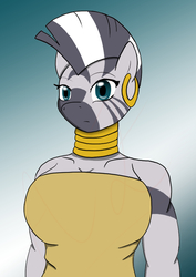 Size: 595x842 | Tagged: safe, artist:afhybrid, zecora, anthro, g4, breasts, busty zecora, clothes, dress, female, simple background, solo