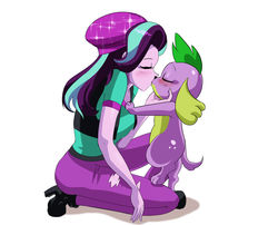 Size: 1560x1260 | Tagged: safe, artist:traupa, spike, spike the regular dog, starlight glimmer, dog, human, equestria girls, g4, beanie, blushing, boots, clothes, denim, duo, eyes closed, female, human on feral, interspecies, jeans, kiss on the lips, kissing, kneeling, love, male, pants, puppy, ripped jeans, ripped pants, ship:sparlight, shipping, shirt, shoes, simple background, straight, teenager, torn clothes, vest, white background