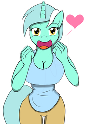 Size: 595x842 | Tagged: safe, artist:afhybrid, lyra heartstrings, anthro, g4, big breasts, breasts, busty lyra heartstrings, cleavage, clothes, curvy, cute, excited, female, heart, hourglass figure, lyrabetes, open mouth, pants, simple background, solo, tank top, thigh gap, white background, wide hips