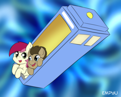Size: 1000x800 | Tagged: safe, artist:empyu, doctor whooves, roseluck, time turner, earth pony, pony, g4, doctor who, duo, female, male, mare, smiling, stallion, tardis, the doctor