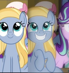Size: 683x726 | Tagged: safe, edit, edited screencap, screencap, fuchsia frost, goldy wings, starlight glimmer, earth pony, pegasus, pony, unicorn, a horse shoe-in, g4, background pony, cropped, cute, friendship student, happy, looking up, sitting, smiling, solo focus, wingless