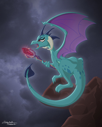 Size: 960x1200 | Tagged: dead source, safe, artist:sherwood, princess ember, dragon, g4, angry, bloodstone scepter, dragon lord ember, dragoness, female, rock, solo, spread wings, wings