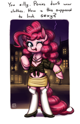 Size: 1623x2500 | Tagged: safe, artist:king-kakapo, pinkie pie, earth pony, pony, g4, bipedal, clothes, female, garter belt, makeup, smiling, solo, we don't normally wear clothes