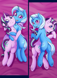 Size: 726x1000 | Tagged: safe, artist:fearingfun, starlight glimmer, trixie, pony, unicorn, semi-anthro, g4, arm hooves, belly button, body pillow, body pillow design, butt, cute, diatrixes, female, glimmerbetes, human shoulders, lesbian, mare, plot, ship:startrix, shipping, smiling