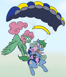 Size: 934x1080 | Tagged: safe, artist:egophiliac, oc, oc only, oc:nimbus (phallen1), oc:software patch, oc:windcatcher, earth pony, pegasus, pony, commission, female, filly, parachute, windpatch