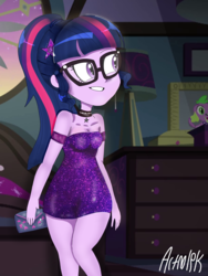 Size: 1800x2400 | Tagged: safe, artist:artmlpk, sci-twi, spike, spike the regular dog, twilight sparkle, dog, equestria girls, g4, adorkable, choker, clothes, cute, design, dork, dress, female, geode of telekinesis, hips, magical geodes, party, picture frame, ponytail, sci-twi's room, smiling, solo, twiabetes