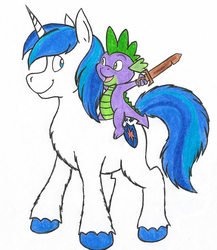 Size: 999x1150 | Tagged: safe, artist:dingopatagonico, shining armor, spike, dragon, pony, unicorn, g4, chest fluff, cute, dragons riding ponies, duo, happy, male, riding, smiling, sparkle siblings, spike riding shining armor, stallion, traditional art, wooden sword