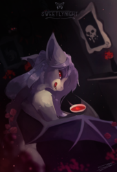 Size: 1600x2358 | Tagged: dead source, safe, artist:sweetlynight, oc, oc:dracula, pony, vampire, vampony, bat wings, flower, red eyes, rose, wings