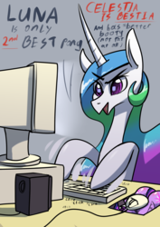 Size: 2480x3508 | Tagged: safe, artist:underpable, princess celestia, twilight sparkle, alicorn, pony, g4, atg 2019, best pony, computer, computer mouse, female, high res, implied princess luna, keyboard, mare, monitor, mousepad, newbie artist training grounds, open mouth, shitposting, smiling, solo, text, trollestia, typing
