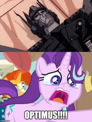 Size: 500x661 | Tagged: safe, edit, edited screencap, screencap, starlight glimmer, sunburst, pony, a horse shoe-in, g4, comparison, death, dramatic, fangirl, optimus prime, phyllis no!, school, teary eyes, the transformers: the movie, transformers, transformers generation 1