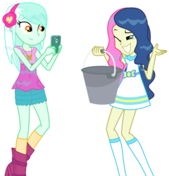 Size: 2303x2397 | Tagged: safe, artist:sketchmcreations, bon bon, lyra heartstrings, sweetie drops, equestria girls, g4, inclement leather, inclement leather: vignette valencia, my little pony equestria girls: choose your own ending, bucket, duo, female, hashtag rain hair don't care, high res, phone, simple background, smiling, transparent background, vector, wet hair