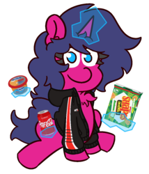 Size: 900x1050 | Tagged: safe, artist:threetwotwo32232, oc, oc only, oc:fizzy pop, pony, clothes, coke, female, food, jacket, looking at you, mare, soda, solo