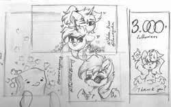 Size: 1024x642 | Tagged: safe, artist:kebchach, oc, oc only, oc:keetch, oc:paper bag, pony, unicorn, black and white, glasses, grayscale, monochrome, paper bag, pegasus oc, post-it, traditional art