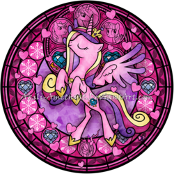 Size: 1024x1024 | Tagged: safe, artist:akili-amethyst, princess cadance, princess celestia, queen chrysalis, shining armor, twilight sparkle, alicorn, changeling, changeling queen, pony, g4, crystal heart, disney, dive to the heart, female, kingdom hearts, princess, simple background, snow, snowflake, solo focus, stained glass, transparent background, twilight sparkle (alicorn), watermark