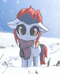 Size: 700x854 | Tagged: safe, artist:littleskponfur, oc, oc only, pony, big eyes, chibi, clothes, floppy ears, looking at you, scarf, snow, solo, ych result