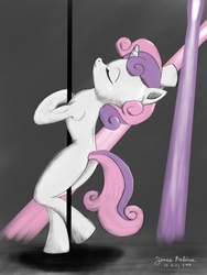 Size: 2400x3200 | Tagged: safe, artist:rockhoppr3, sweetie belle, pony, unicorn, g4, anatomically incorrect, bipedal, butt, female, high res, incorrect leg anatomy, plot, solo, stripper pole