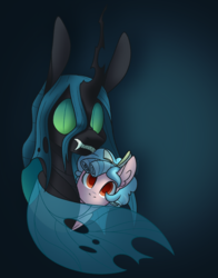 Size: 1829x2329 | Tagged: safe, artist:glowfangs, cozy glow, queen chrysalis, changeling, changeling queen, pegasus, pony, g4, bust, cute, duo, exoskeleton, female, filly, foal, mommy chrissy, portrait, slit pupils