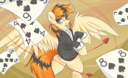 Size: 1560x955 | Tagged: safe, artist:twiontheline, oc, oc only, pegasus, pony, card, casino royale, clothes, female, mare, solo, suit