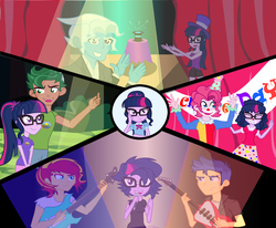 Size: 8333x6875 | Tagged: safe, artist:urhangrzerg, flash sentry, pinkie pie, sci-twi, sunset shimmer, timber spruce, trixie, twilight sparkle, equestria girls, g4, my little pony equestria girls: better together, alternate hairstyle, bubble berry, clothes, clown, clown makeup, clown nose, female, geode of telekinesis, glasses, guitar, half r63 shipping, magical geodes, male, musical instrument, punklight sparkle, red nose, rule 63, ship:sparkleberry, ship:sunsetsparkle, ship:tristansparkle, ship:twiglare, ship:twinkie, ship:twixie, shipping, straight, sunset glare, timbertwi, tristan, twilight sparkle gets all the stallions, twily the clown