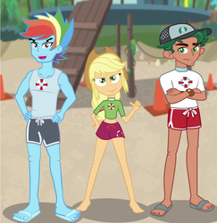 Size: 4254x4371 | Tagged: safe, artist:urhangrzerg, applejack, rainbow dash, timber spruce, equestria girls, g4, my little pony equestria girls: better together, ankles, applejack's hat, beach, cap, clothes, cowboy hat, crossed arms, equestria guys, feet, hat, legs, lifeguard, lifeguard applejack, lifeguard timber, looking at you, male, rainbow blitz, rule 63, sandals, shorts
