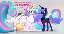 Size: 4201x2262 | Tagged: safe, artist:xbi, princess celestia, princess luna, alicorn, pony, g4, adorafatty, belly, big belly, breaking the fourth wall, cake, cakelestia, cakesitting, chubbylestia, concave belly, cute, cutelestia, eating, ethereal mane, ethereal tail, fat, food, gluttony, gradient background, long mane, long tail, luna is not amused, messy eating, missing accessory, obese, on back, physique difference, slender, smiling, starry mane, starry tail, stuffing, tail, thin, unamused, weight gain