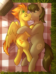 Size: 3707x4862 | Tagged: safe, artist:denzel, artist:sugaryviolet, spitfire, oc, oc:chocolate chips, pony, g4, canon x oc, clover, duo, embrace, female, firechips, four leaf clover, kiss on the lips, kissing, male, outdoors, picnic, shipping, smooch, straight