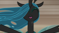 Size: 1280x720 | Tagged: safe, screencap, queen chrysalis, changeling, changeling queen, frenemies (episode), g4, blurry, cute, cutealis, eyes closed, female, solo, speed lines