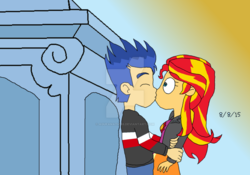 Size: 1024x715 | Tagged: safe, artist:stella-exquisa, flash sentry, sunset shimmer, equestria girls, g4, female, kissing, male, ship:flashimmer, shipping, straight