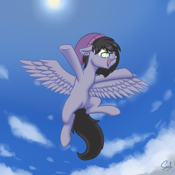 Size: 1000x1000 | Tagged: safe, artist:soulfulmirror, oc, oc only, oc:nightshade (pegasus), pegasus, pony, beanie, ear piercing, earring, female, flying, glasses, hat, jewelry, mare, piercing, solo