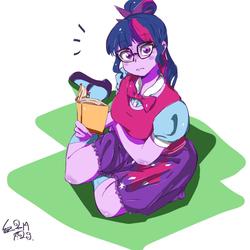 Size: 1000x1000 | Tagged: safe, artist:sozglitch, sci-twi, twilight sparkle, equestria girls, g4, book, clothes, female, glasses, looking at you, reading