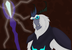 Size: 3224x2260 | Tagged: safe, artist:rosestardragonmp3, storm king, yeti, g4, my little pony: the movie, antagonist, armor, dark background, high res, horns, lightning, magic, male, simple background, solo, staff, staff of sacanas