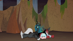 Size: 1280x720 | Tagged: safe, screencap, cozy glow, lord tirek, queen chrysalis, centaur, changeling, changeling queen, pegasus, pony, frenemies (episode), g4, cloven hooves, cozy glow is not amused, crossed hooves, female, filly, foal, male, nose piercing, nose ring, piercing, septum piercing