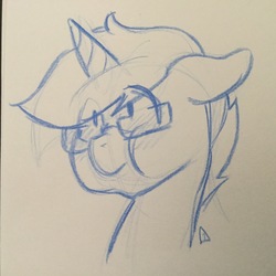 Size: 2448x2448 | Tagged: safe, artist:cadetredshirt, derpibooru exclusive, oc, oc only, oc:arioso, pony, unicorn, bust, glasses, high res, male, puffy cheeks, shocked, sketch, solo, traditional art