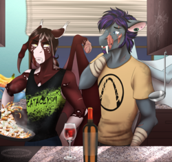 Size: 2550x2407 | Tagged: safe, artist:blackblood-queen, oc, oc only, oc:lafayette roseheart, oc:orpheus, bat pony, anthro, unguligrade anthro, alcohol, anthro oc, bat pony oc, borderlands, clothes, cooking, fangs, glass, guards of the heart, high res, male, scar, shirt, slit pupils, stallion, story in the source, wine, wine bottle, wine glass