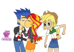 Size: 1024x725 | Tagged: safe, artist:stella-exquisa, applejack, flash sentry, sunset shimmer, equestria girls, g4, female, male, ship:flashimmer, shipping, straight