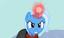 Size: 1294x768 | Tagged: safe, screencap, trixie, pony, unicorn, g4, magic duel, adorabolical, alicorn amulet, cloak, clothes, corrupted, cute, dark magic, evil grin, female, glowing horn, grin, horn, magic, mare, smiling, solo