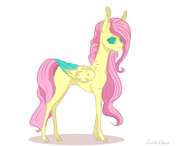 Size: 2117x1756 | Tagged: safe, artist:luna dave, fluttershy, pegasus, pony, g4, blank flank, colored wings, colored wingtips, concave belly, female, foal, long mane, no pupils, realistic anatomy, realistic horse legs, slender, solo, thin, two toned wings, wing fluff, wings, young