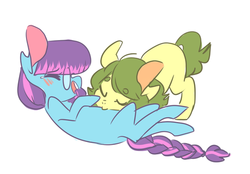Size: 500x347 | Tagged: safe, artist:laceymod, oc, oc only, oc:bitter herb, oc:invidia, earth pony, pony, female, kissing, mare, on back