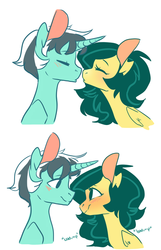 Size: 483x750 | Tagged: dead source, safe, artist:laceymod, oc, oc only, oc:lemongrass, oc:static wave, alicorn, pegasus, pony, female, kissing, male, mare, stallion