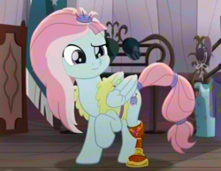Size: 670x518 | Tagged: safe, color edit, edit, edited screencap, screencap, kerfuffle, pegasus, pony, g4, my little pony: rainbow roadtrip, amputee, colored, confused, cute, cutie mark, female, folded wings, frown, hair accessory, prosthetic leg, prosthetic limb, prosthetics, raised eyebrow, raised hoof, saturated, solo, tail wrap, wings
