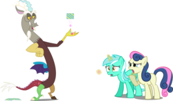 Size: 3283x1927 | Tagged: safe, artist:draikjack, artist:osipush, artist:scourge707, artist:wolfie-blitz, edit, editor:slayerbvc, vector edit, bon bon, discord, lyra heartstrings, sweetie drops, draconequus, earth pony, pony, unicorn, g4, angry, blank flank, breaking the fourth wall, candy, cutie mark, cutie mark theft, discord being discord, female, food, hard candy, magic, male, mare, simple background, transparent background, trio, vector, wrapper