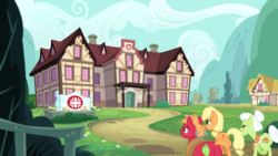 Size: 2400x1350 | Tagged: safe, screencap, applejack, big macintosh, granny smith, earth pony, pony, g4, where the apple lies, building, female, hospital, male, mare, ponyville hospital, teenage applejack, teenage big macintosh, teenager, trio